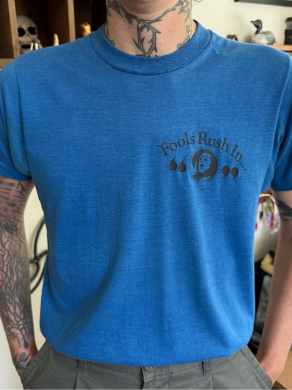 Vintage 70s Blue Single Stitch Fools Rush In Graphic Tee USA ~ Size Small